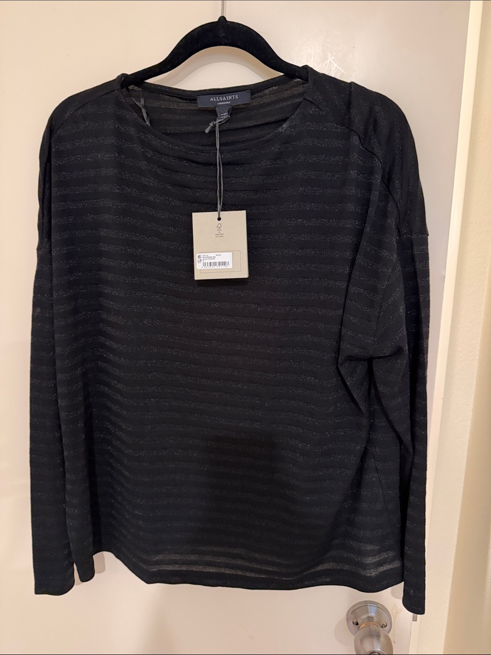 NWT AllSaints Black Long-Sleeve Crew with Subtle Stripe Texture
